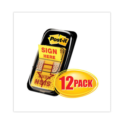 Image of Post-it® Flags Arrow Message 1" Page Flags, Sign Here, Yellow, 50 Flags/Dispenser, 12 Dispensers/Pack