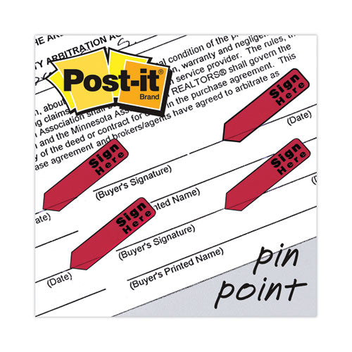 Image of Post-it® Flags Arrow Message 0.5" Page Flags in Dispenser, "Sign Here", Red, 20 Flags Dispenser, 4 Dispensers/Pack