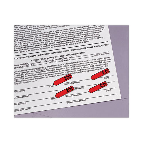 Image of Post-it® Flags Arrow Message 0.5" Page Flags in Dispenser, "Sign Here", Red, 20 Flags Dispenser, 4 Dispensers/Pack