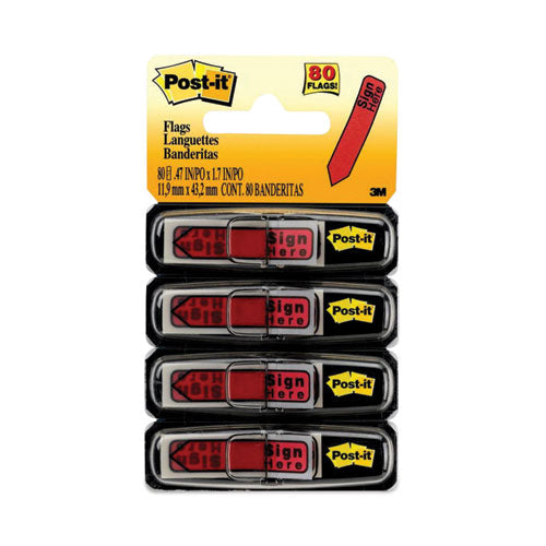 Image of Post-it® Flags Arrow Message 0.5" Page Flags in Dispenser, "Sign Here", Red, 20 Flags Dispenser, 4 Dispensers/Pack