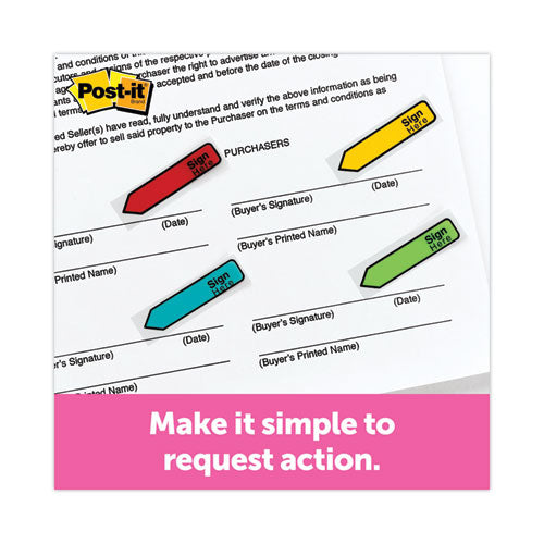 Image of Post-it® Flags Arrow Message 0.5" Page Flags, Sign and Date, 4 Primary Colors, 20 Flags/Dispenser, 4 Dispensers/Pack