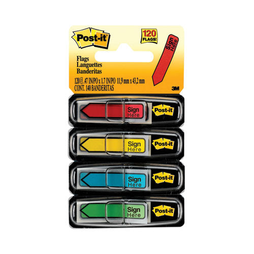 Image of Post-it® Flags Arrow Message 0.5" Page Flags w/Dispensers, "Sign Here", Asst Primary, 30 Flags Dispenser, 4 Dispensers/Pack