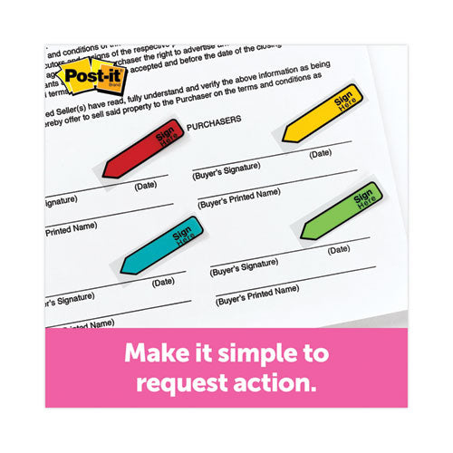 Image of Post-it® Flags Arrow Message 0.5" Page Flags w/Dispensers, "Sign Here", Asst Primary, 30 Flags Dispenser, 4 Dispensers/Pack