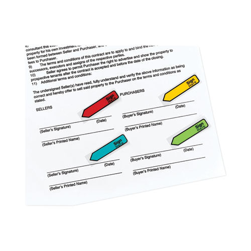 Image of Post-it® Flags Arrow Message 0.5" Page Flags w/Dispensers, "Sign Here", Asst Primary, 30 Flags Dispenser, 4 Dispensers/Pack