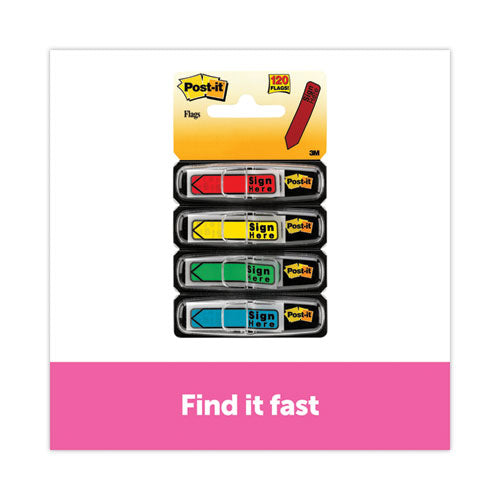 Image of Post-it® Flags Arrow Message 0.5" Page Flags w/Dispensers, "Sign Here", Asst Primary, 30 Flags Dispenser, 4 Dispensers/Pack