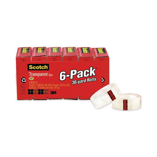 Image of Scotch® Transparent Tape, 1" Core, 0.75" X 36 Yds, Transparent, 6/pack