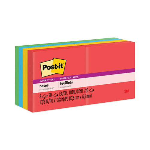 Image of Post-it® Notes Super Sticky Pads in Playful Primary Collection Colors, 2" x 2", 90 Sheets/Pad, 8 Pads/Pack
