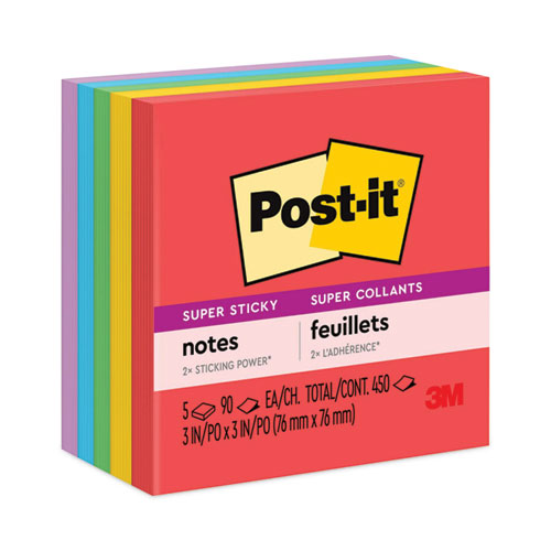 Image of Post-it® Notes Super Sticky Pads in Playful Primary Collection Colors, 3" x 3", 90 Sheets/Pad, 5 Pads/Pack