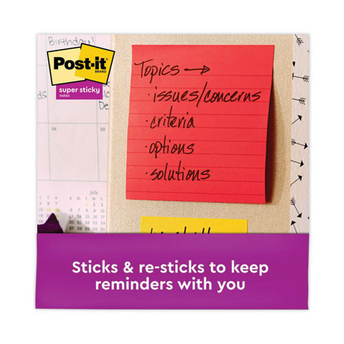 Image of Post-it® Notes Super Sticky Pads in Playful Primary Collection Colors, Note Ruled, 4" x 4", 90 Sheets/Pad, 6 Pads/Pack