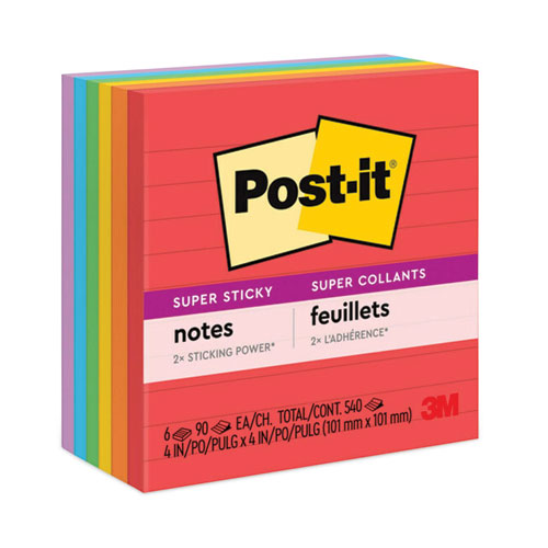 Image of Post-it® Notes Super Sticky Pads in Playful Primary Collection Colors, Note Ruled, 4" x 4", 90 Sheets/Pad, 6 Pads/Pack