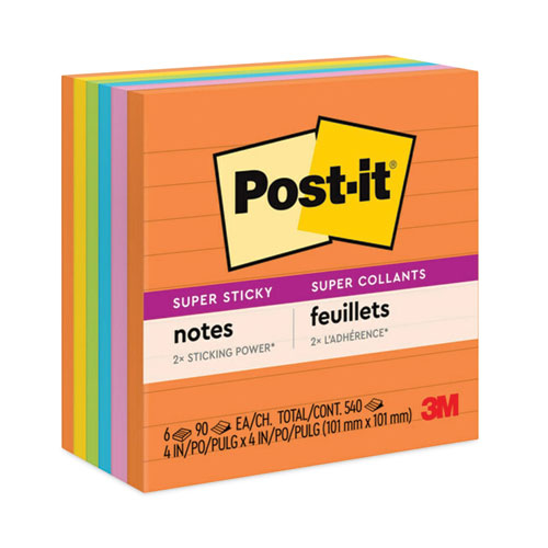 Image of Post-it® Notes Super Sticky Pads in Energy Boost Collection Colors, Note Ruled, 4" x 4", 90 Sheets/Pad, 6 Pads/Pack