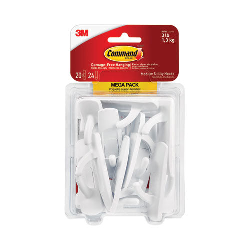 Image of Command General Purpose Hooks, Medium, Plastic, White, 3 lb Capacity, 20 Hooks and 24 Strips/Pack