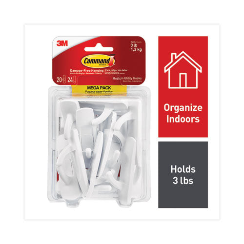Image of Command General Purpose Hooks, Medium, Plastic, White, 3 lb Capacity, 20 Hooks and 24 Strips/Pack