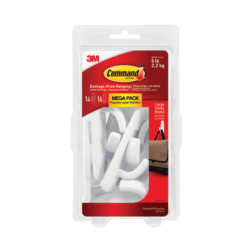 Image of Command General Purpose Hooks, Large, Plastic, White, 5 lb Capacity, 14 Hooks and 16 Strips/Pack