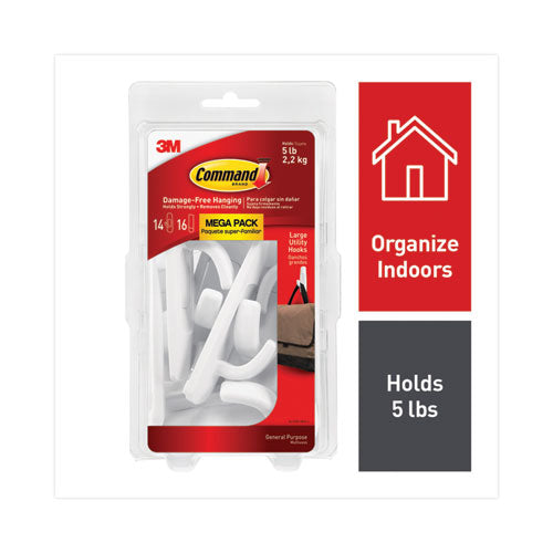 Image of Command General Purpose Hooks, Large, Plastic, White, 5 lb Capacity, 14 Hooks and 16 Strips/Pack