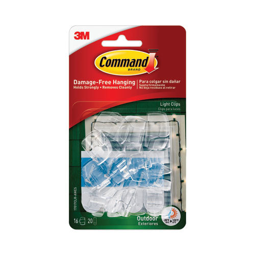 Image of Command All Weather Hooks and Strips, Small, Plastic, Clear, 16 Clips and 20 Strips/Pack