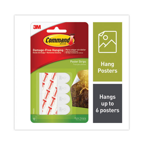 Image of Command Poster Strips, Removable, Holds Up To 1 Lb Per Pair, 0.63 X 1.75, White, 12/pack