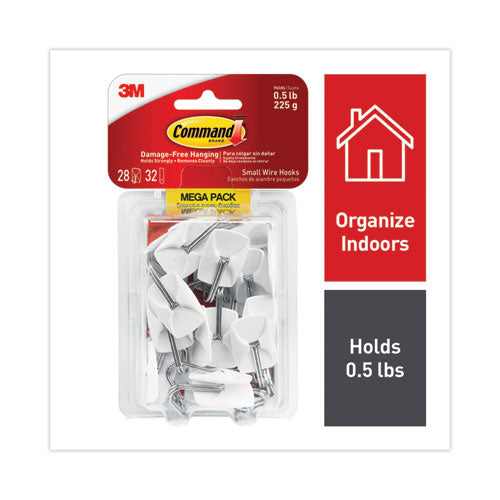 Image of Command General Purpose Hooks, Small, Metal, White/Silver, 0.5 lb Capacity, 28 Hooks and 32 Strips/Pack