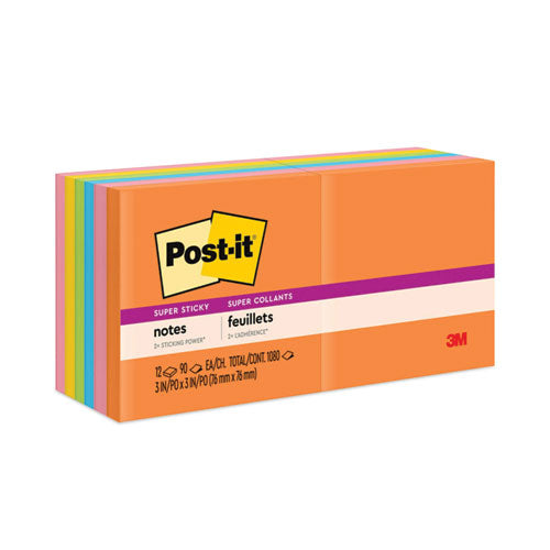 Image of Post-it® Notes Super Sticky Pads in Energy Boost Collection Colors, 3" x 3", 90 Sheets/Pad, 12 Pads/Pack