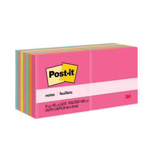 Image of Post-it® Notes Original Pads in Poptimistic Colors, Value Pack, 3" x 3", 100 Sheets/Pad, 14 Pads/Pack