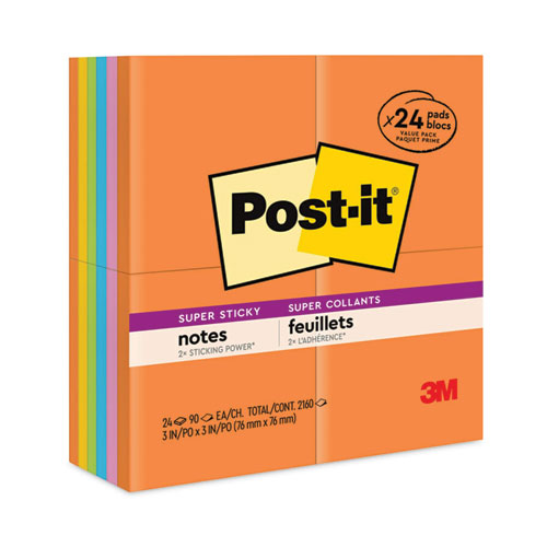 Image of Post-it® Notes Super Sticky Pads in Energy Boost Collection Colors, 3" x 3", 90 Sheets/Pad, 24 Pads/Pack