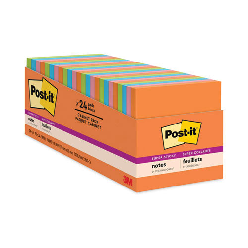 Image of Post-it® Notes Super Sticky Pads in Energy Boost Collection Colors, Cabinet Pack, 3" x 3", 70 Sheets/Pad, 24 Pads/Pack