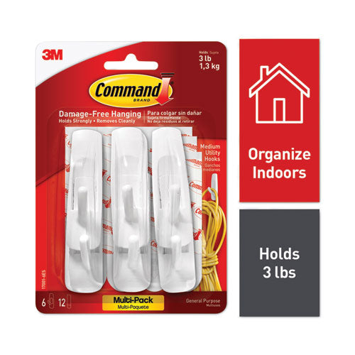 Image of Command General Purpose Hooks Multi-Pack, Medium, Plastic, White, 3 lb Capacity, 6 Hooks and 12 Strips/Pack