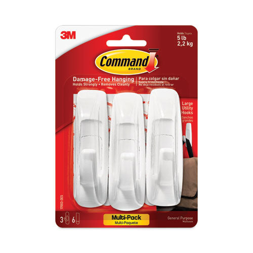 Image of Command General Purpose Hooks Multi-Pack, Large, Plastic, White, 5 lb Capacity, 3 Hooks and 6 Strips/Pack