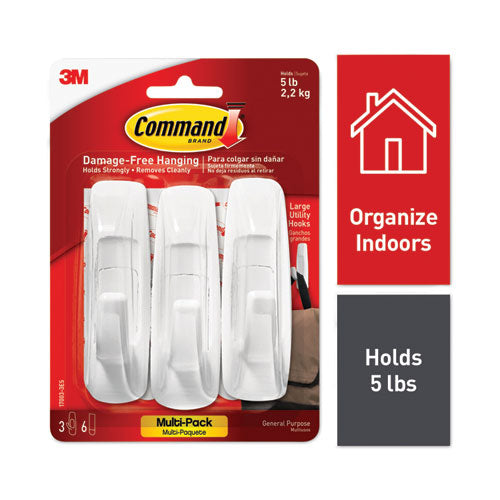 Image of Command General Purpose Hooks Multi-Pack, Large, Plastic, White, 5 lb Capacity, 3 Hooks and 6 Strips/Pack