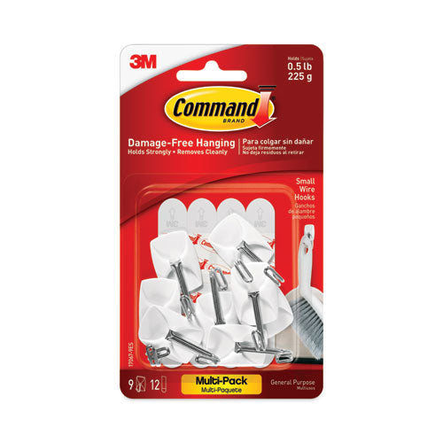 Image of Command General Purpose Wire Hooks Multi-Pack, Small, Metal, White, 0.5 lb Capacity, 9 Hooks and 12 Strips/Pack
