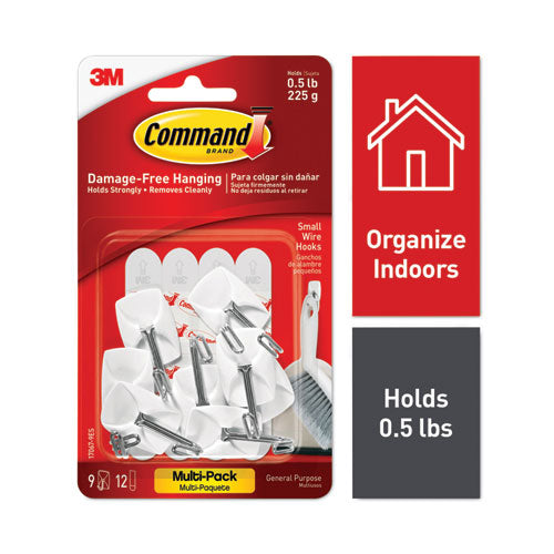 Image of Command General Purpose Wire Hooks Multi-Pack, Small, Metal, White, 0.5 lb Capacity, 9 Hooks and 12 Strips/Pack