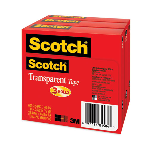 Image of Scotch® Transparent Tape, 3" Core, 1" X 72 Yds, Transparent, 3/pack
