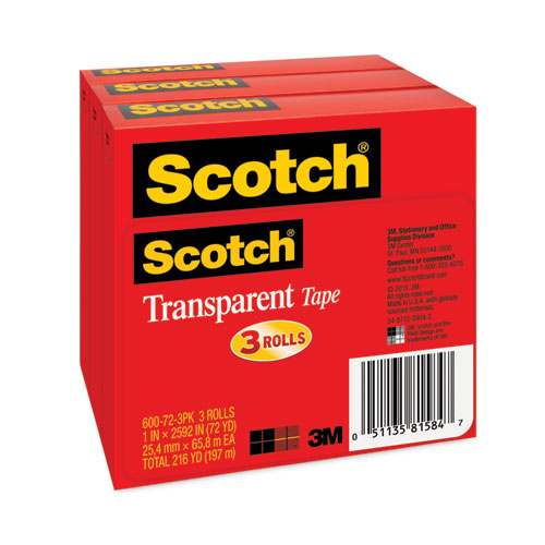 Image of Scotch® Transparent Tape, 3" Core, 1" X 72 Yds, Transparent, 3/pack