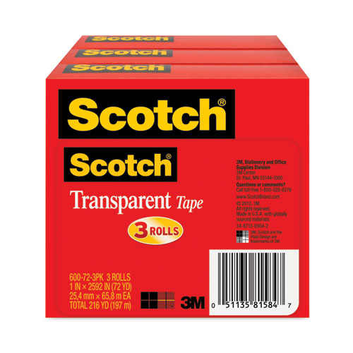 Image of Scotch® Transparent Tape, 3" Core, 1" X 72 Yds, Transparent, 3/pack