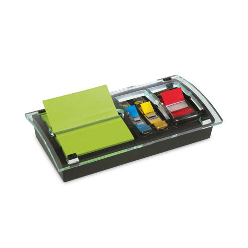 Image of Post-it® Notes Note and Flag Dispenser, For 3 x 3 Pads, Black/Clear, Includes 45-Sheet Canary Super Sticky Pop-up Pad; (50) 1" Flags