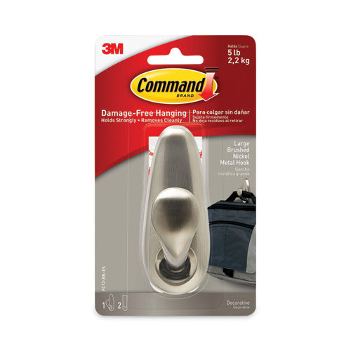 Image of Command Adhesive Mount Metal Hook, Large, Brushed Nickel Finish, 5 lb Capacity, 1 Hook and 2 Strips/Pack