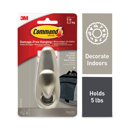 Image of Command Adhesive Mount Metal Hook, Large, Brushed Nickel Finish, 5 lb Capacity, 1 Hook and 2 Strips/Pack