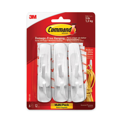 Image of Command General Purpose Hooks Multi-Pack, Medium, Plastic, White, 3 lb Capacity, 6 Hooks and 12 Strips/Pack