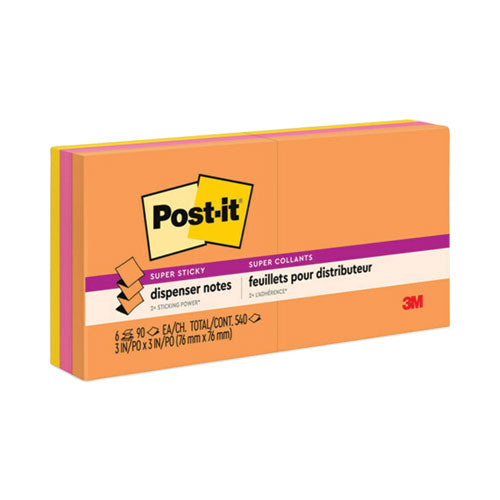 Image of Post-it® Dispenser Notes Super Sticky Pop-up 3 x 3 Note Refill, 3" x 3", Energy Boost Collection Colors, 90 Sheets/Pad, 6 Pads/Pack