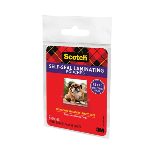 Image of Scotch Self-Sealing Laminating Pouches, 9.5 Mil, 2.81" X 3.75", Gloss Clear, 5/pack