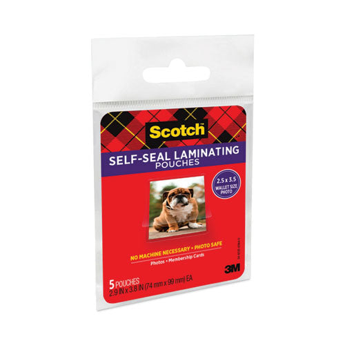 Image of Scotch Self-Sealing Laminating Pouches, 9.5 Mil, 2.81" X 3.75", Gloss Clear, 5/pack