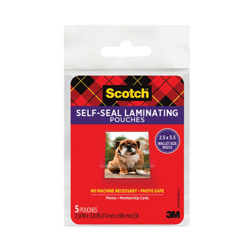 Image of Scotch Self-Sealing Laminating Pouches, 9.5 Mil, 2.81" X 3.75", Gloss Clear, 5/pack