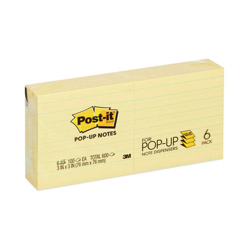 Image of Post-it® Pop-up Notes Original Canary Yellow Pop-up Refill, Note Ruled, 3" x 3", Canary Yellow, 100 Sheets/Pad, 6 Pads/Pack