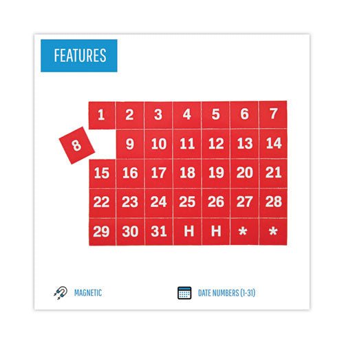 Image of MasterVision® Heavy-Duty Board Magnet Labels, Calendar Dates (1-31), 1" Tall, White Characters, Red Background, 35/Pack