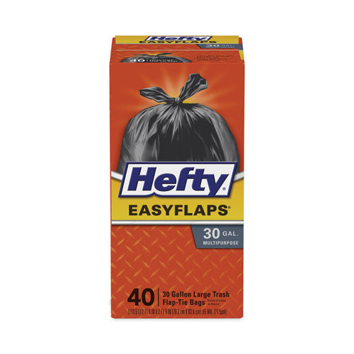 Image of Hefty® Easy Flaps Trash Bags, Tie-Flap, 30 gal, 0.85 mil, 30" x 33", Black, 40/Box