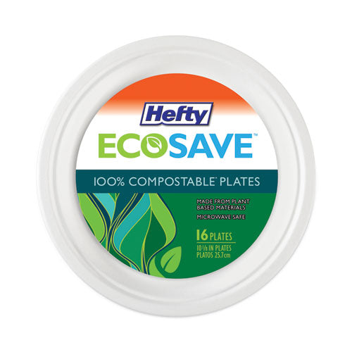 Image of Hefty® ECOSAVE Tableware, Plate, Sugarcane, 10.13" dia, White, 16/Pack