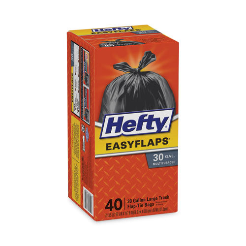 Image of Hefty® Easy Flaps Trash Bags, Tie-Flap, 30 gal, 0.85 mil, 30" x 33", Black, 40/Box