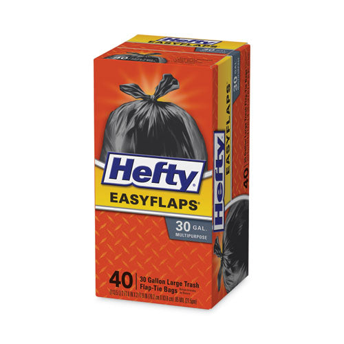 Image of Hefty® Easy Flaps Trash Bags, Tie-Flap, 30 gal, 0.85 mil, 30" x 33", Black, 40/Box