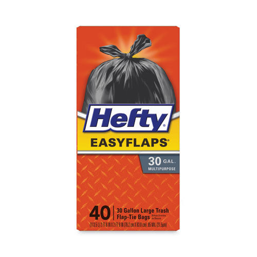 Image of Hefty® Easy Flaps Trash Bags, Tie-Flap, 30 gal, 0.85 mil, 30" x 33", Black, 40/Box