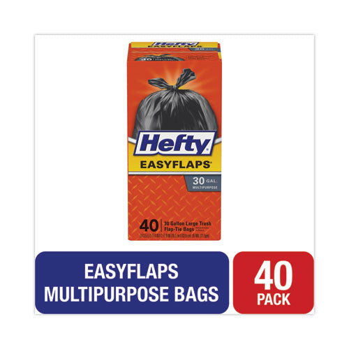 Image of Hefty® Easy Flaps Trash Bags, Tie-Flap, 30 gal, 0.85 mil, 30" x 33", Black, 40/Box